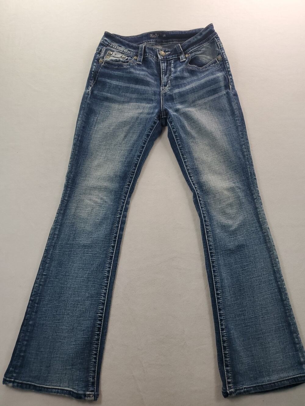 Miss Me Mid-Rise Boot Jeans Womens 28 Blue Med Wash Embroidered Horseshoe Back P